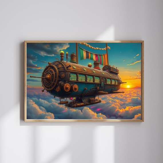 Steampunk Airship Flying Over Sunset Clouds Fantasy Sky Adventure Poster