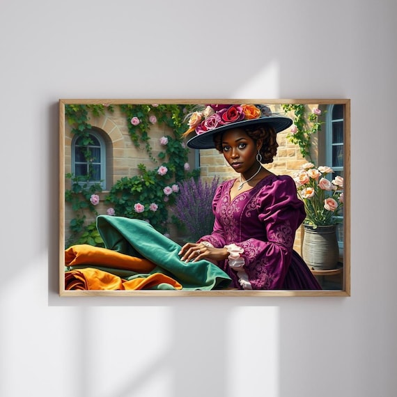 Victorian Lady With Floral Hat Folding Fabrics In Rose Garden Poster