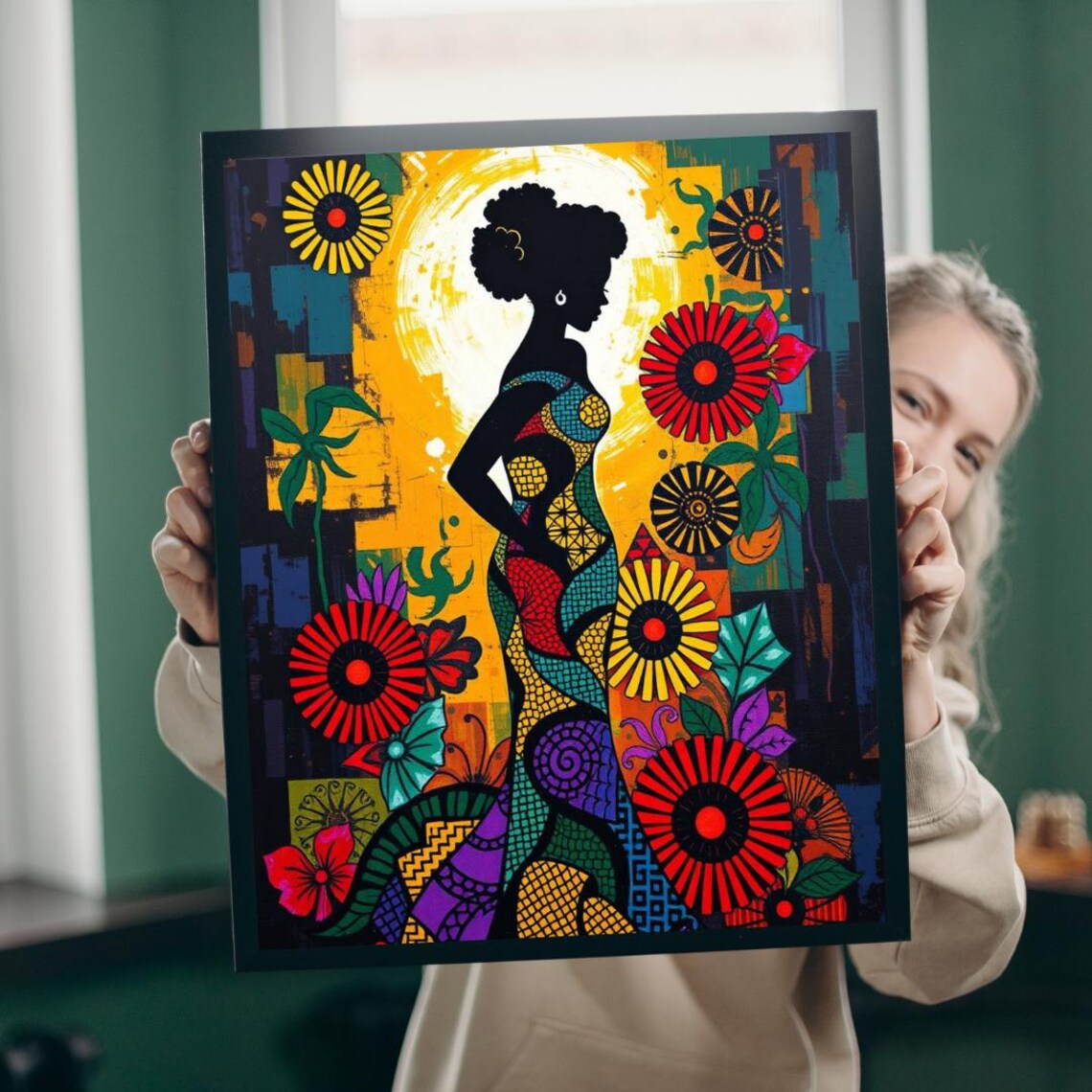 Afrocentric Silhouette Woman Mosaic Dress Floral Sun Art Print