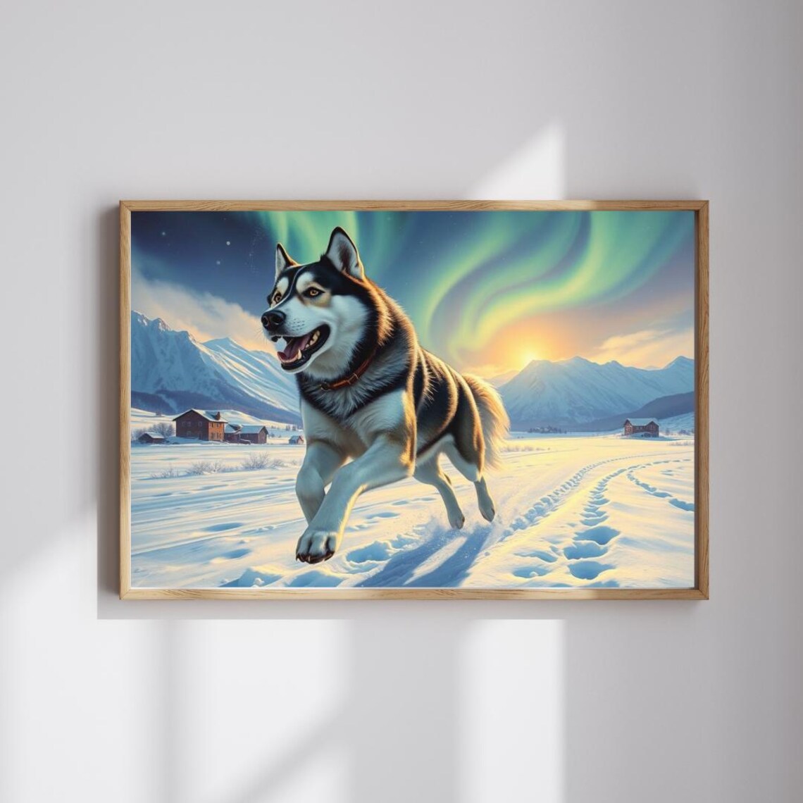 Siberian Husky Snow Run Northern Lights Winter Landscape Poster
