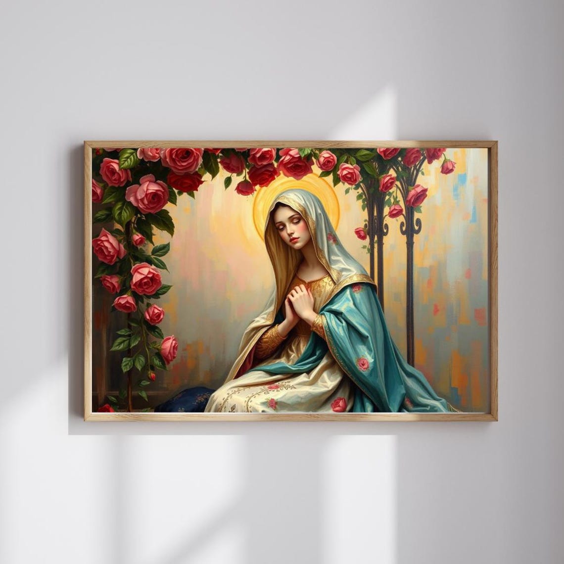 Praying Virgin Mary Under Rose Arbor Religious Fine Art Poster
