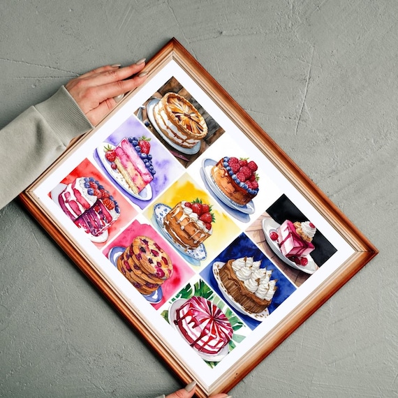 Watercolor Dessert Collage Nine Sweet Cake And Pie Panel Art Poster