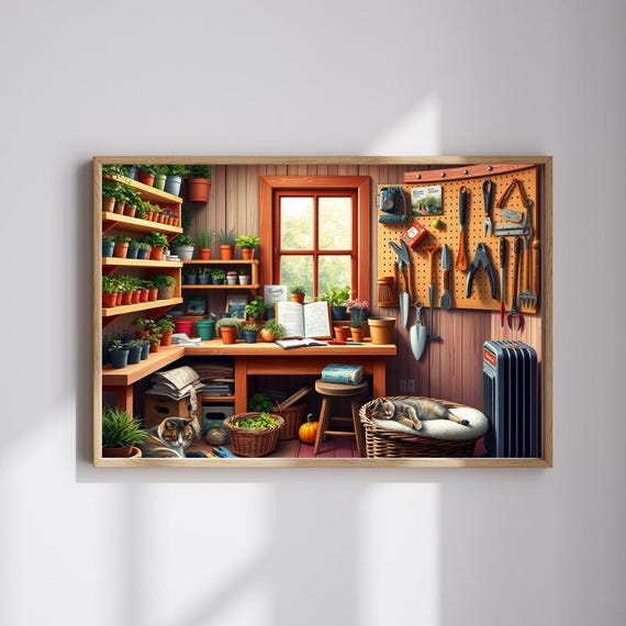 Cozy Garden Tool Shed Cats Sleeping Potted Plants Workshop Poster
