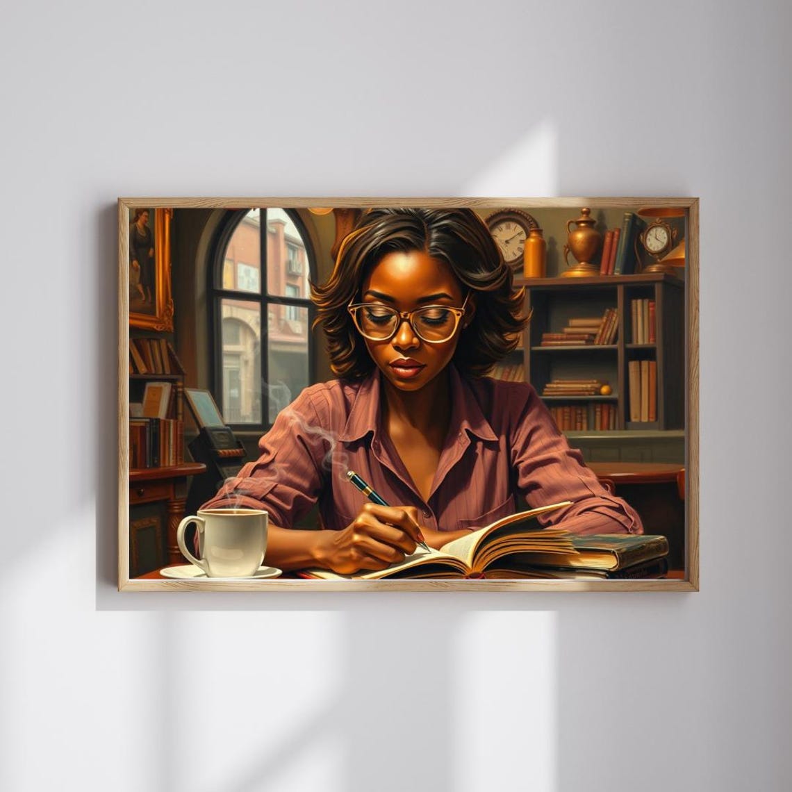 Vintage Woman Writing Journal Cozy Library With Coffee Art Print