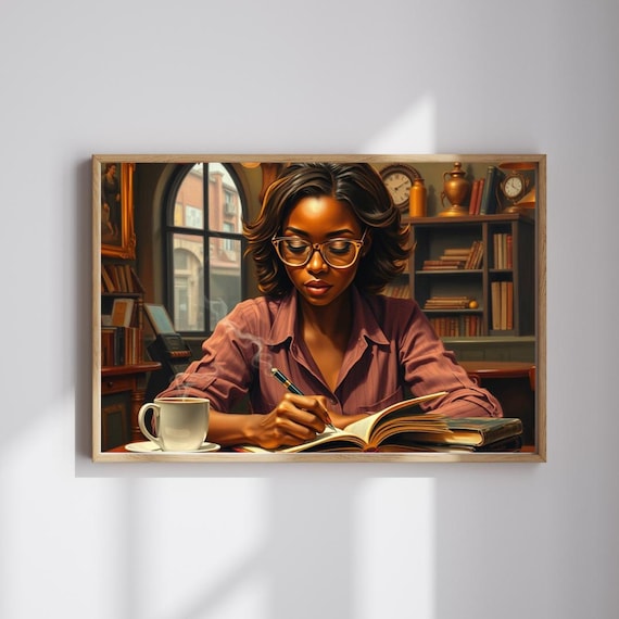 Vintage Woman Writing Journal Cozy Library With Coffee Art Print