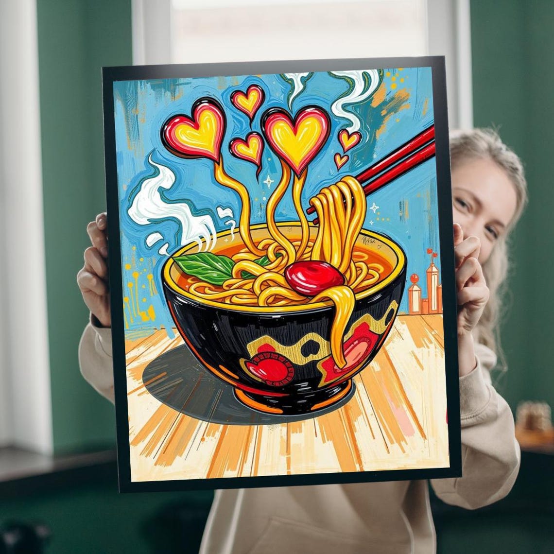 Ramen Noodle Bowl Steaming Pop Art Colorful Food Love Heart Poster