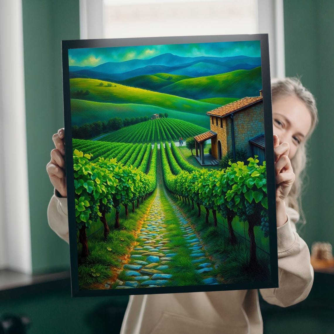 Vineyard Hills Stone Farmhouse Landscape Scene Scenic Poster