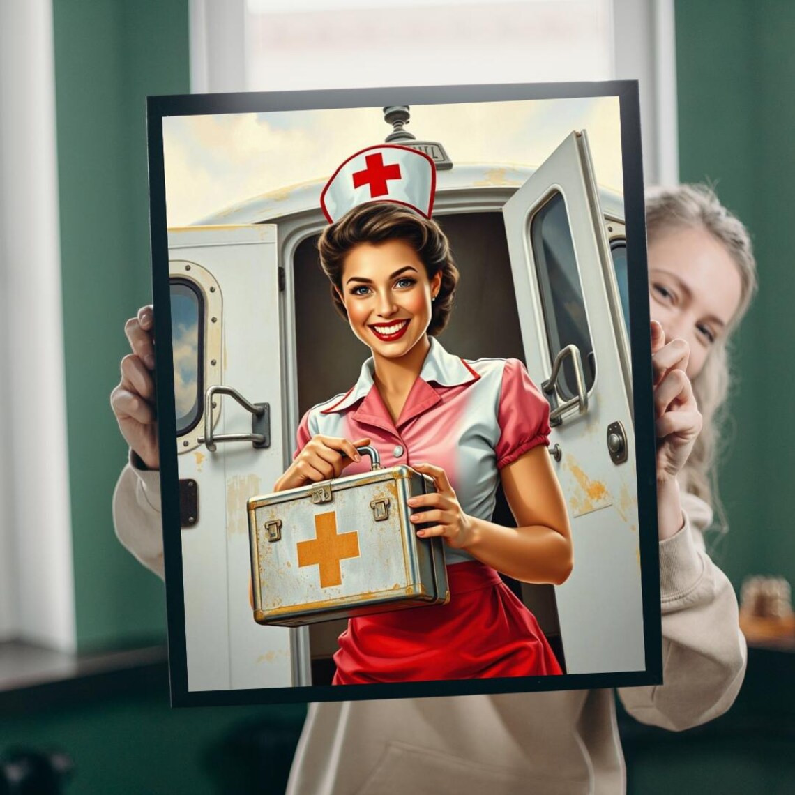 Hero Vintage Nurse Ambulance Retro Medical Art Healthcare Poster