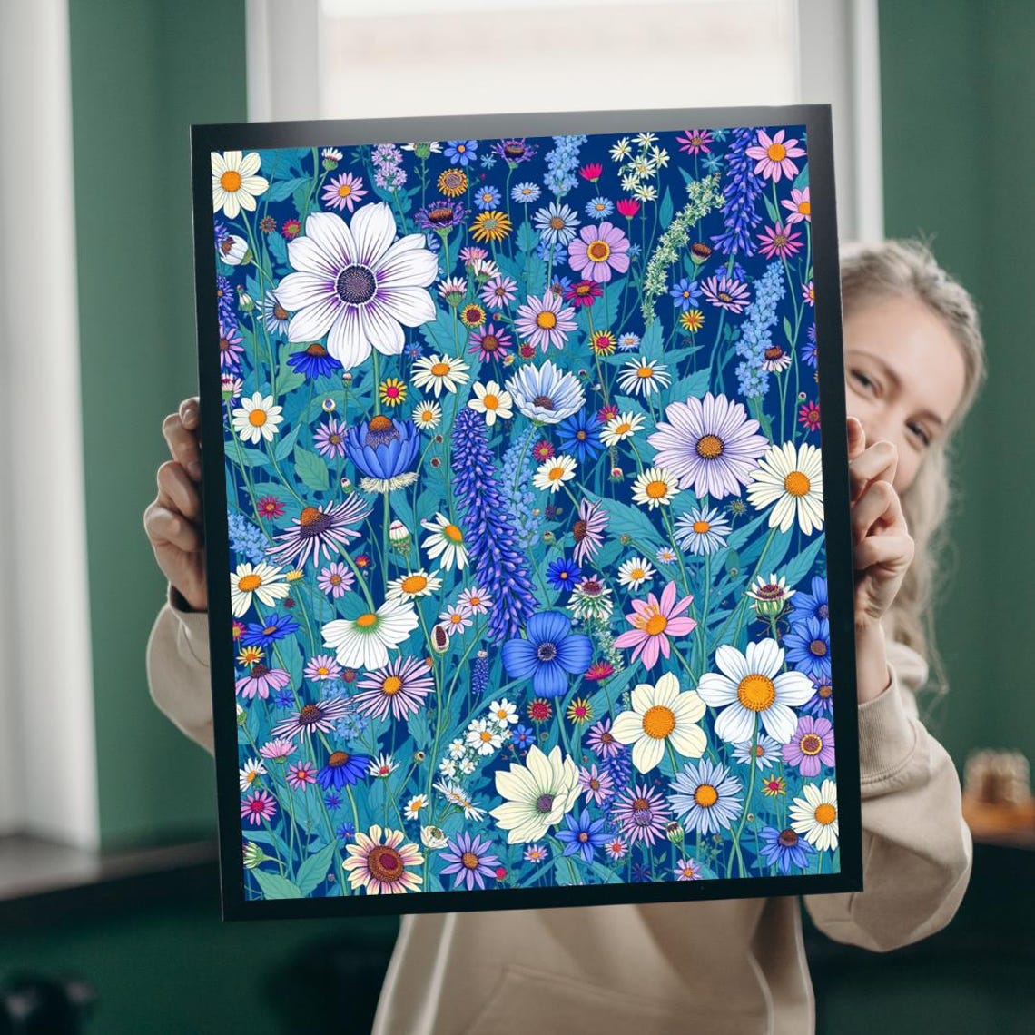 Vibrant Wildflower Meadow Daisy Cosmos Botanical Garden Print