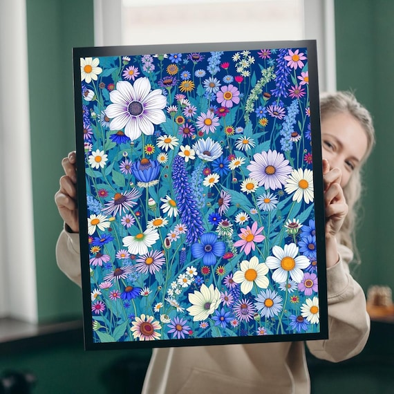 Vibrant Wildflower Meadow Daisy Cosmos Botanical Garden Print