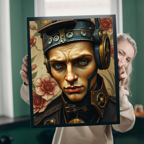 Steampunk Gentleman in Brass Helmet and Goggles Portrait Art Poster