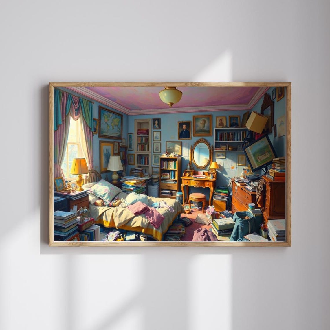 Messy Vintage Bedroom Piled Books Cozy Clutter Maximalist Art Poster
