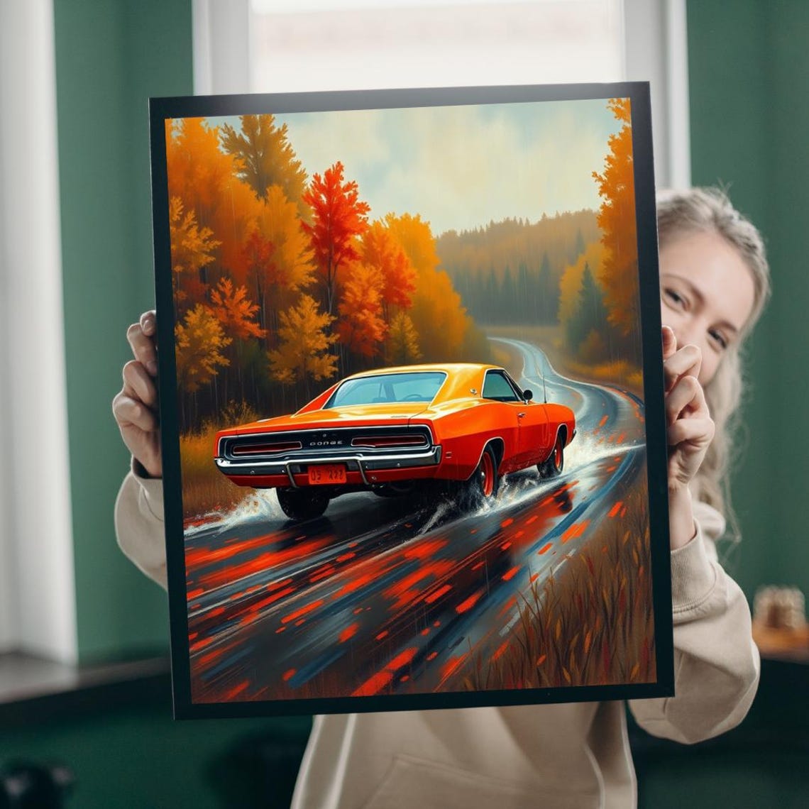 Dodge Charger 1969 Orange Muscle Car Wet Autumn Road Art Poster