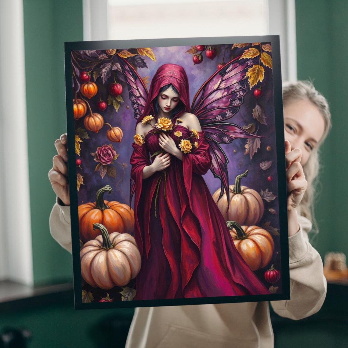 Autumn Fairy in Crimson Gown Among Pumpkins Fall Fantasy Art Poster