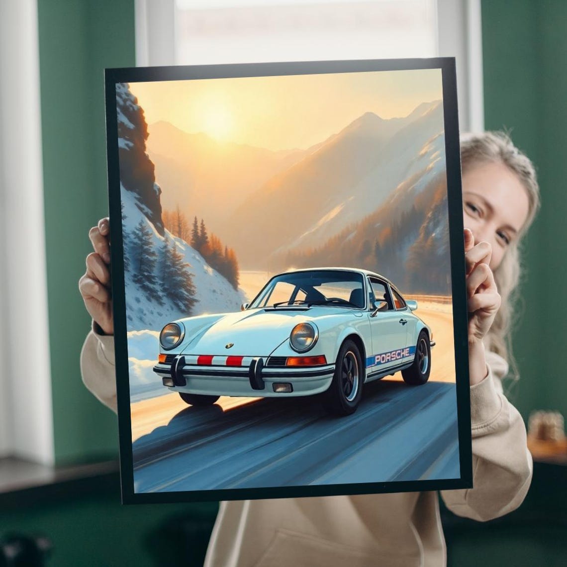 Vintage White Porsche 911 Driving Snowy Mountain Road Sunset Poster