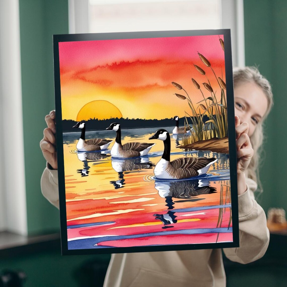 Canada Geese Sunset Lake Watercolor Wildlife Birds Marsh Reeds Nature Poster