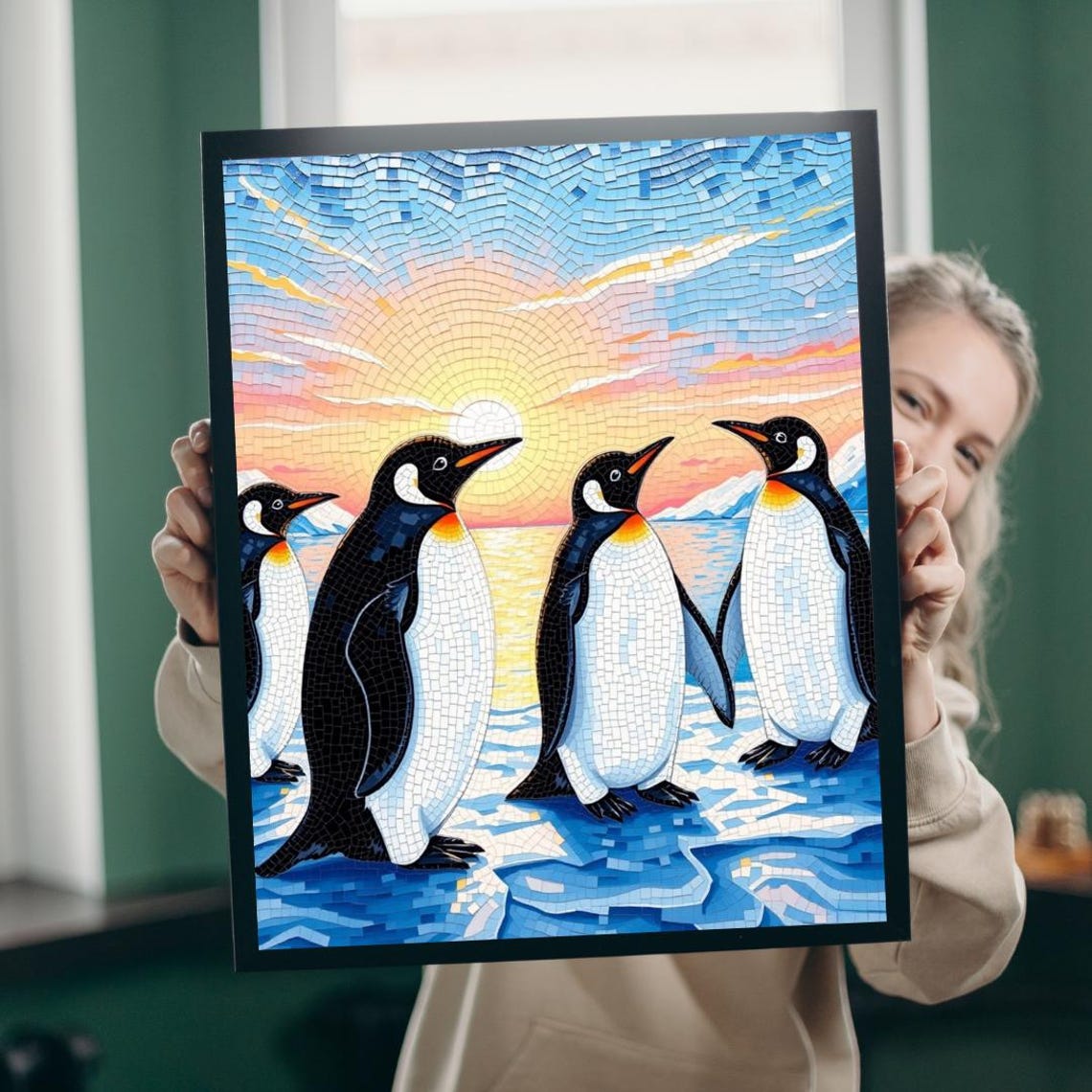 Mosaic Penguins at Sunset on Arctic Ice Winter Wildlife Poster