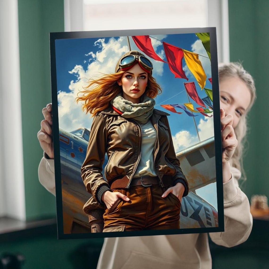 Bold Vintage Aviator Woman Pilot Retro Airplane Adventure Poster