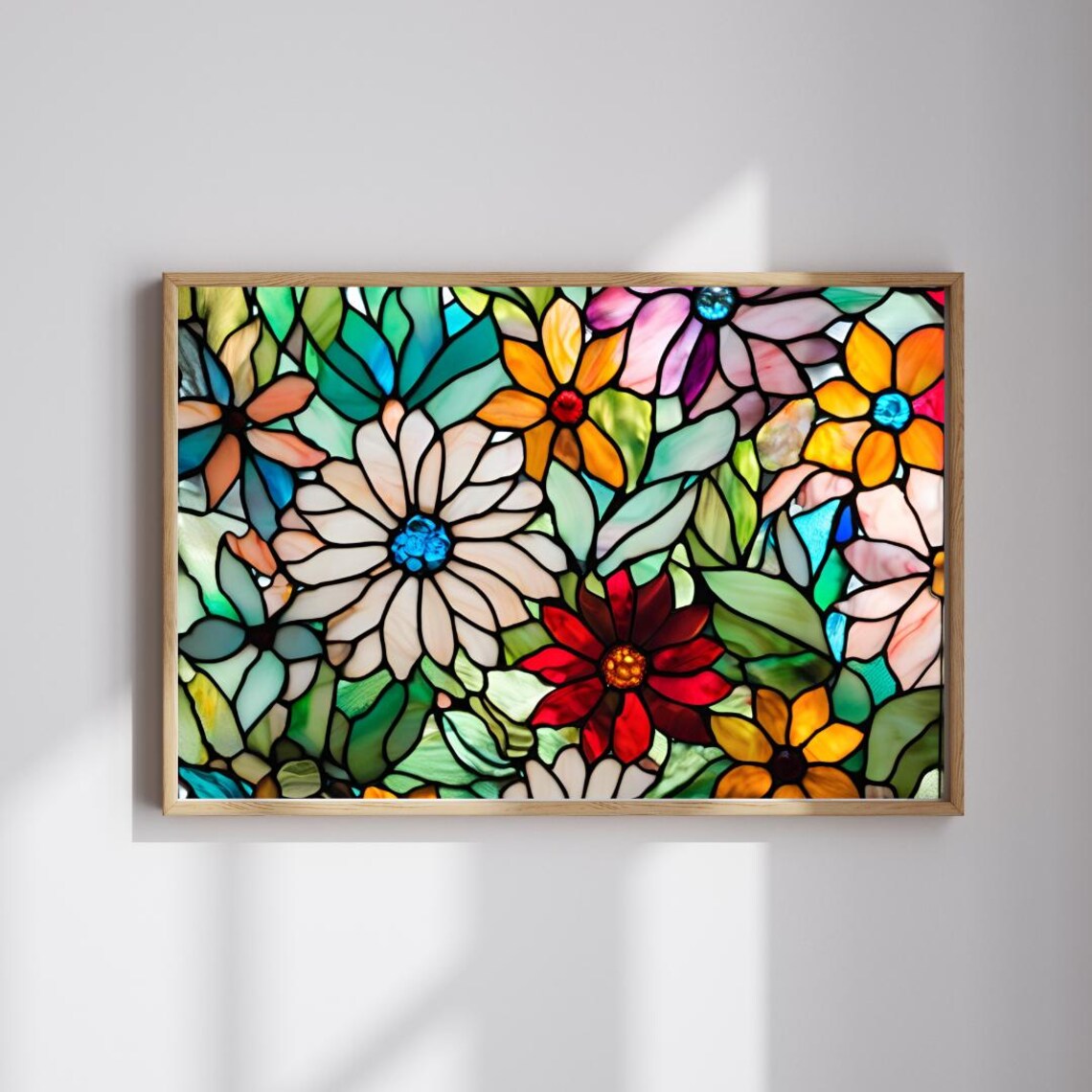 Vibrant Bright Colorful Floral Stained Glass Mosaic Art Poster