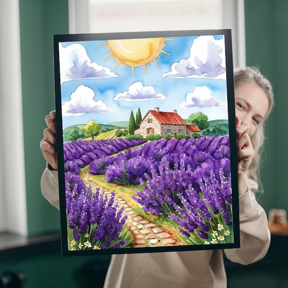 Lavender Field Farmhouse Watercolor Purple Flower Landscape Art Print