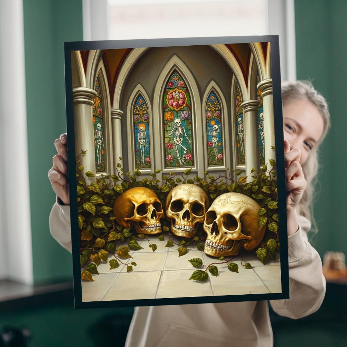 Three Golden Skulls in a Gothic Chapel Stained Glass Art Poster