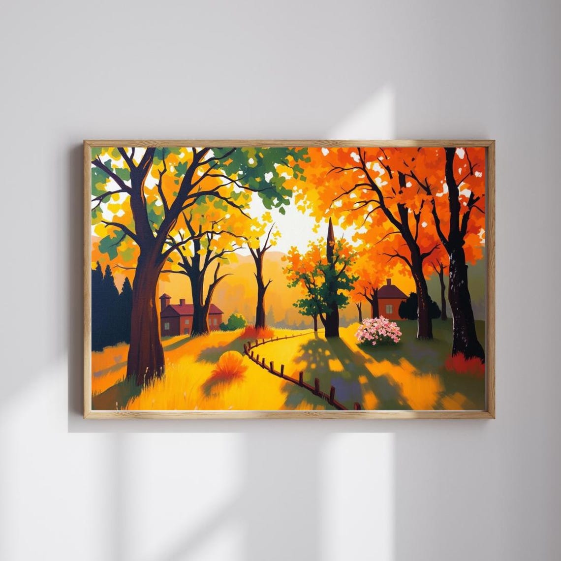 Golden Autumn Sunset Village Trees Warm Light Landscape Poster