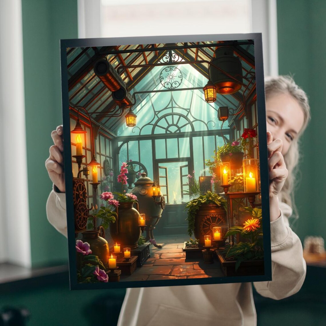 Steampunk Greenhouse Interior Poster Glowing Lanterns Glass Garden Sanctuary