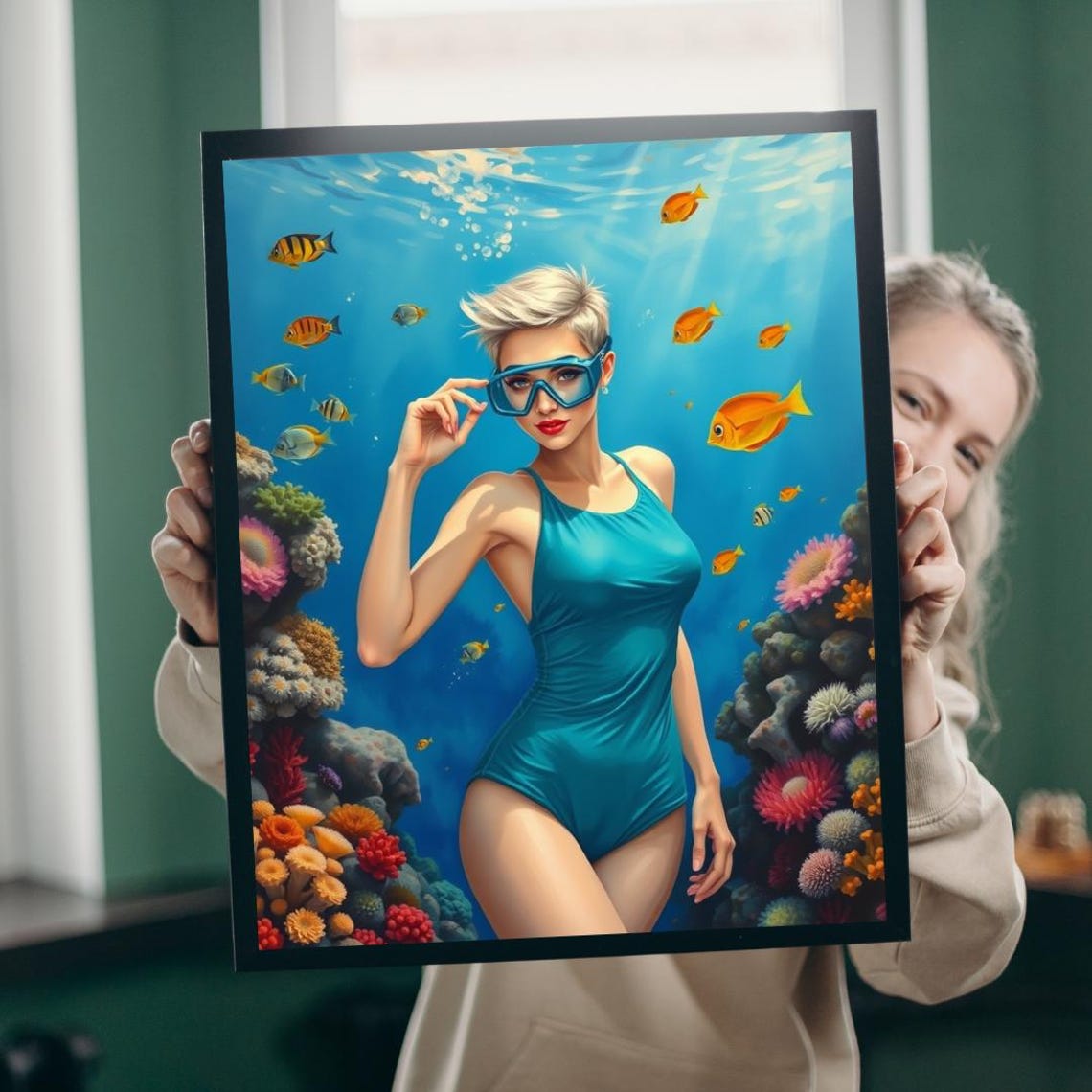Retro Pin-Up Woman Snorkeling Coral Reef Tropical Fish Art Poster