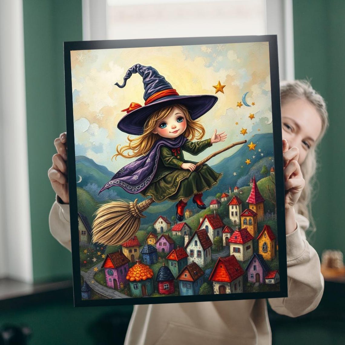 Little Witch Flying Broomstick Over Colorful Village Dusk Poster