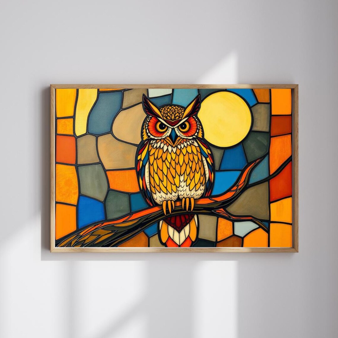 Stained Glass Owl Golden Moon Branch Colorful Mosaic Art Poster