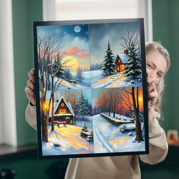 Winter Wonderland Snowy Cabin Moonlight Four Panel Scene Art Print