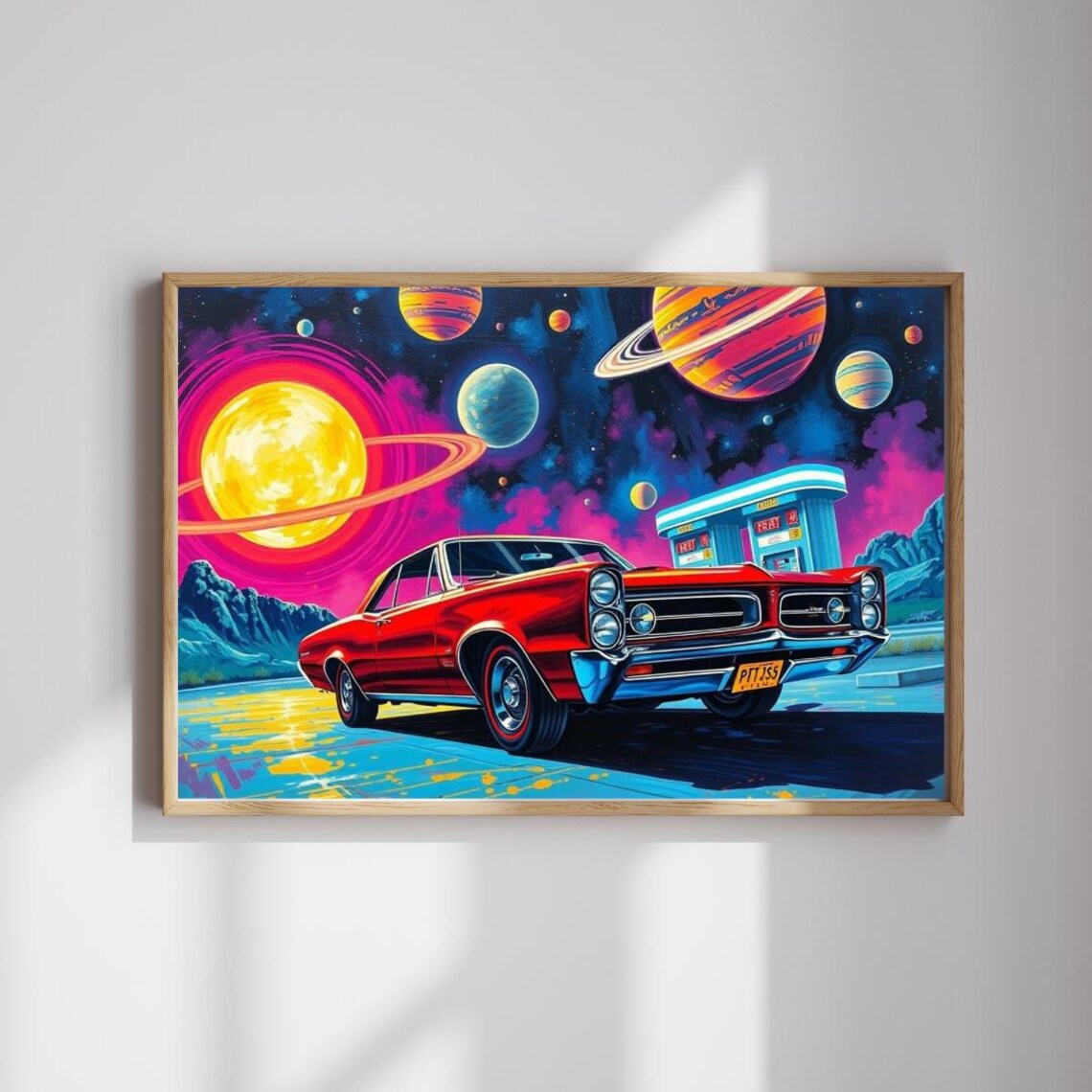 Red Muscle Car Space Gas Station Cosmic Retro Automotive Art Poster