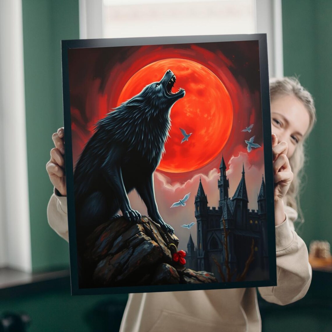 Gothic Wolf Jigsaw Puzzle Howling At Blood Moon Mysterious Scene Gift For Lovers Spooky Night Entertainment Solo Fun Brain Teaser