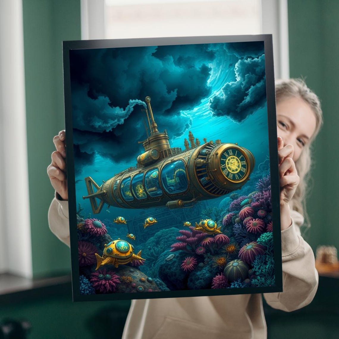 Steampunk Submarine Poster Underwater Adventure Brass Coral Reef Scene