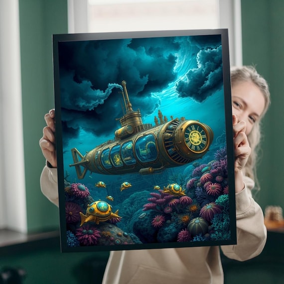 Steampunk Submarine Poster Underwater Adventure Brass Coral Reef Scene