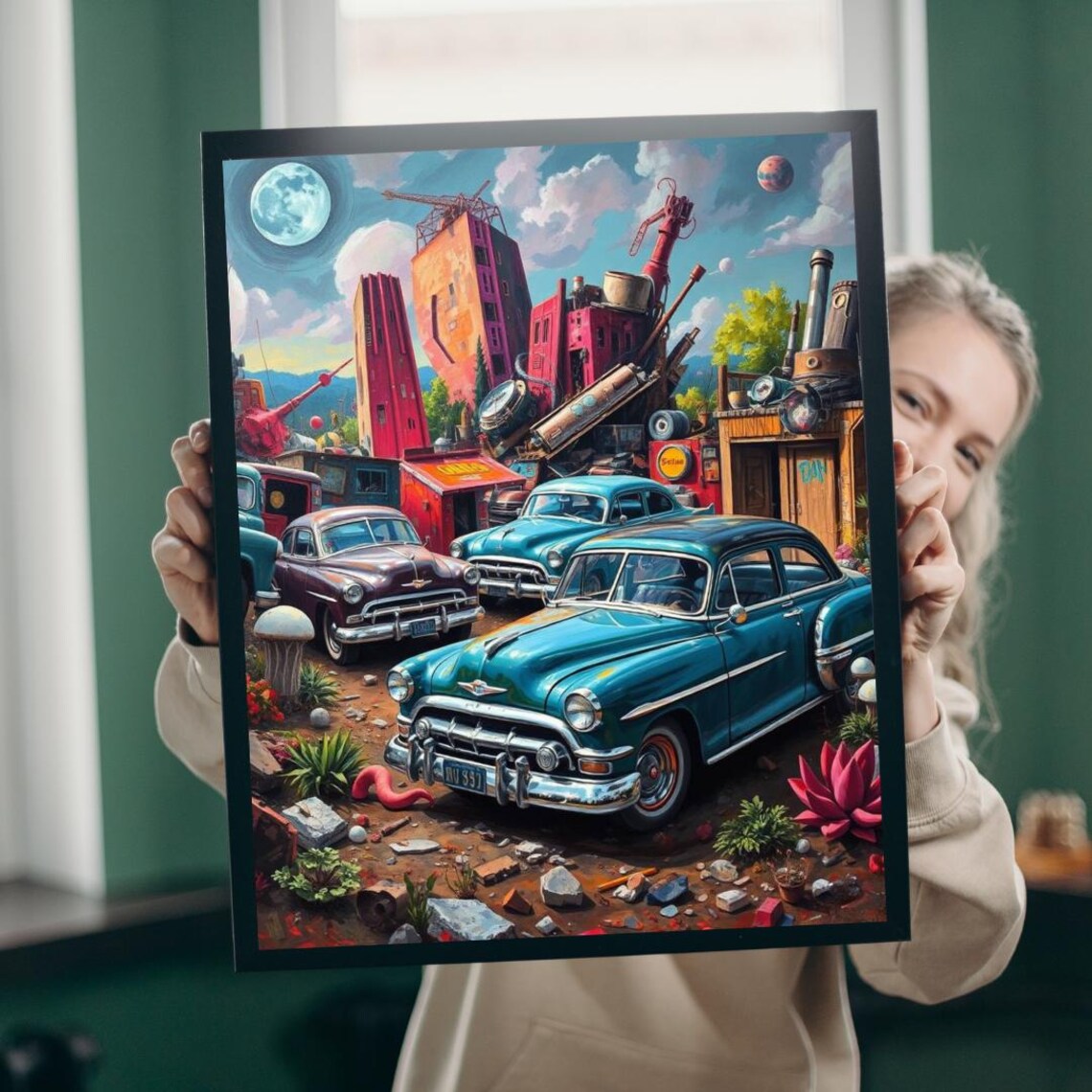 Classic Cars Whimsical Junkyard City Surreal Vintage Art Poster