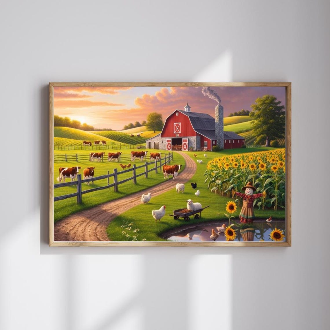 Sunrise Farm Cows Red Barn Sunflowers Pasture Country Wall Art