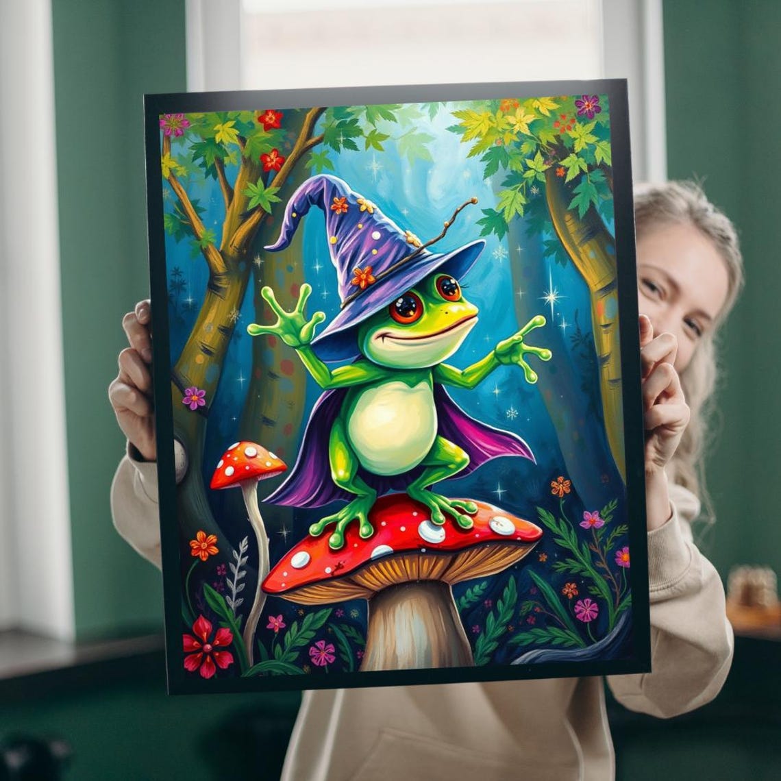Wizard Frog Purple Hat Mushroom Forest Magical Fantasy Art Poster