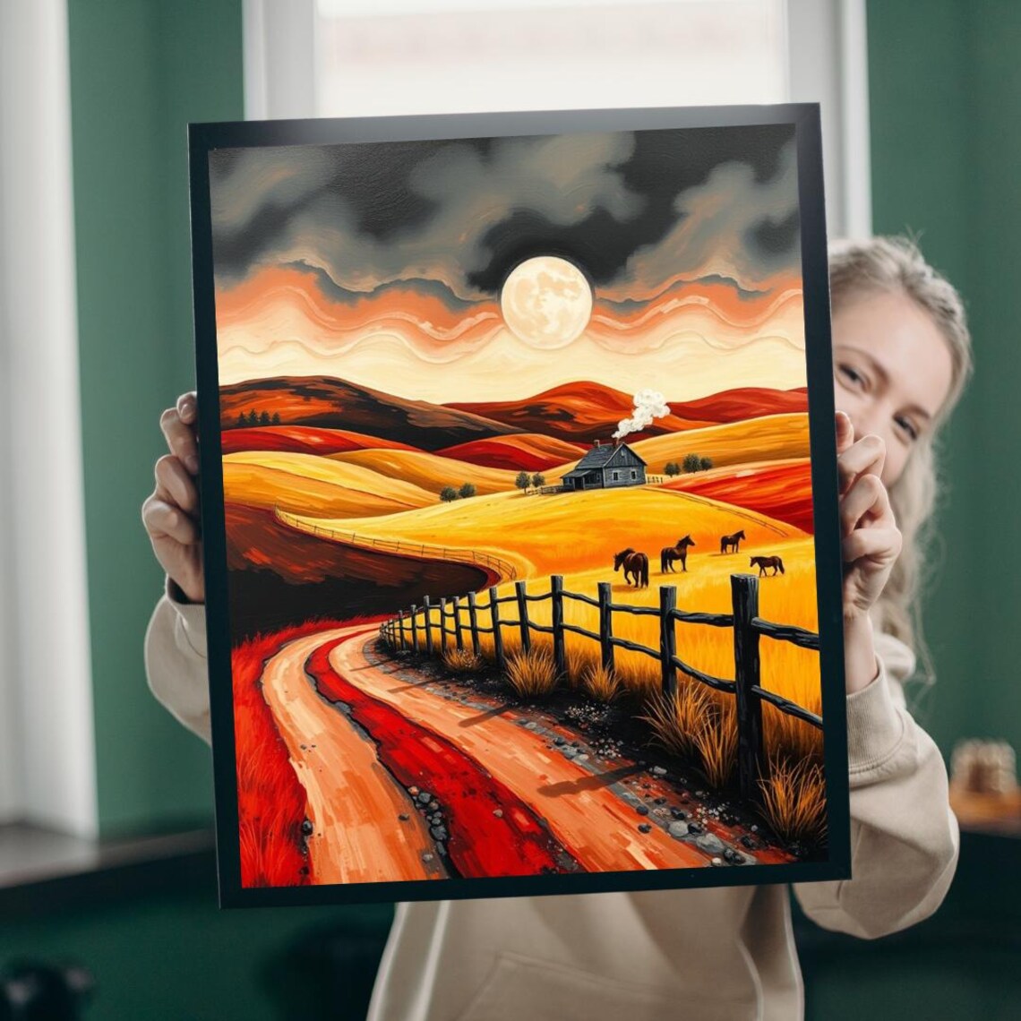 Sunset Pastoral Scene Poster Print, Tranquil Family Fun