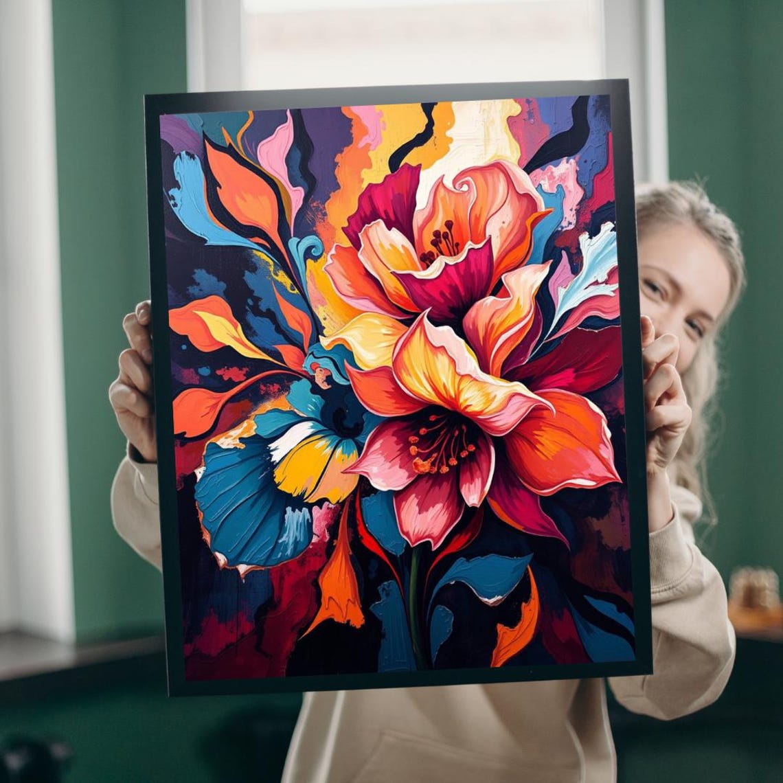 Abstract Expressionist Floral Red Coral Teal Dramatic Flower Poster