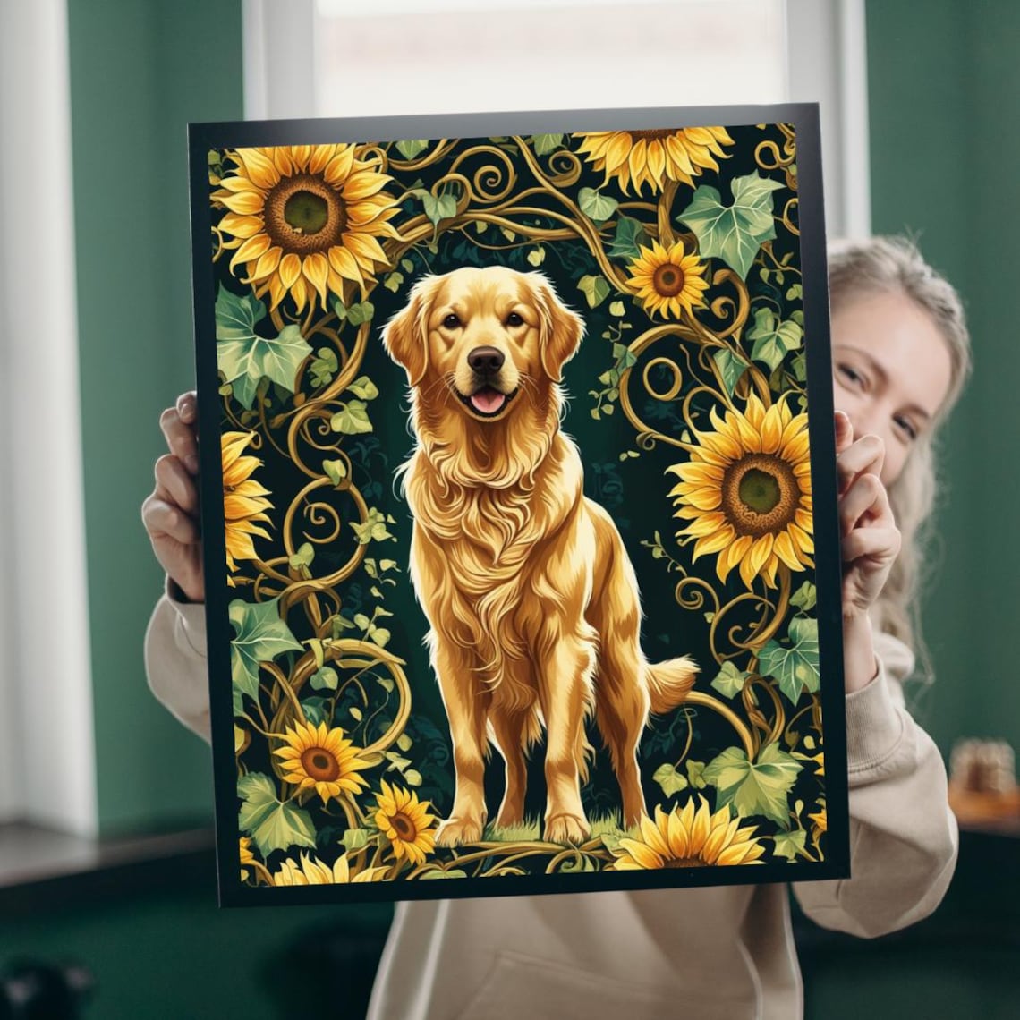 Golden Retriever Sunflower Vintage Floral Dog Portrait Art Poster