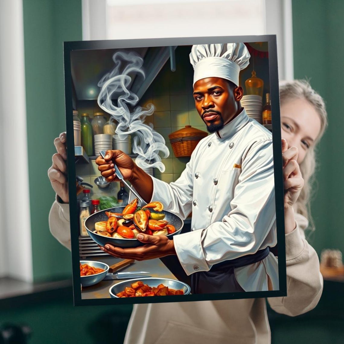 Chef Holding Steaming Seafood Pan Kitchen Culinary Art Poster
