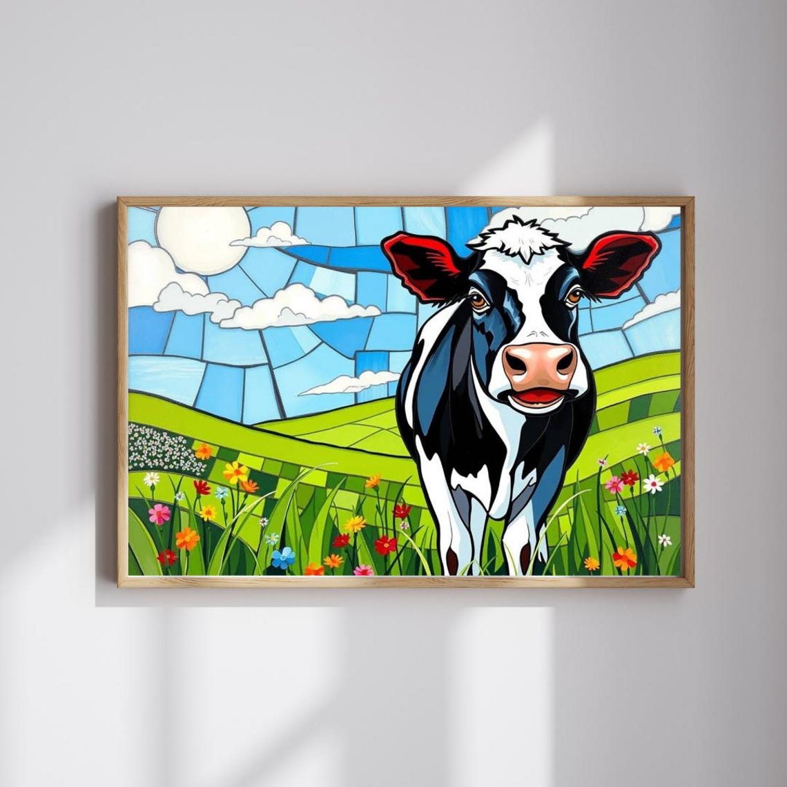 Stained Glass Cow Wildflower Meadow Mosaic Colorful Art Poster