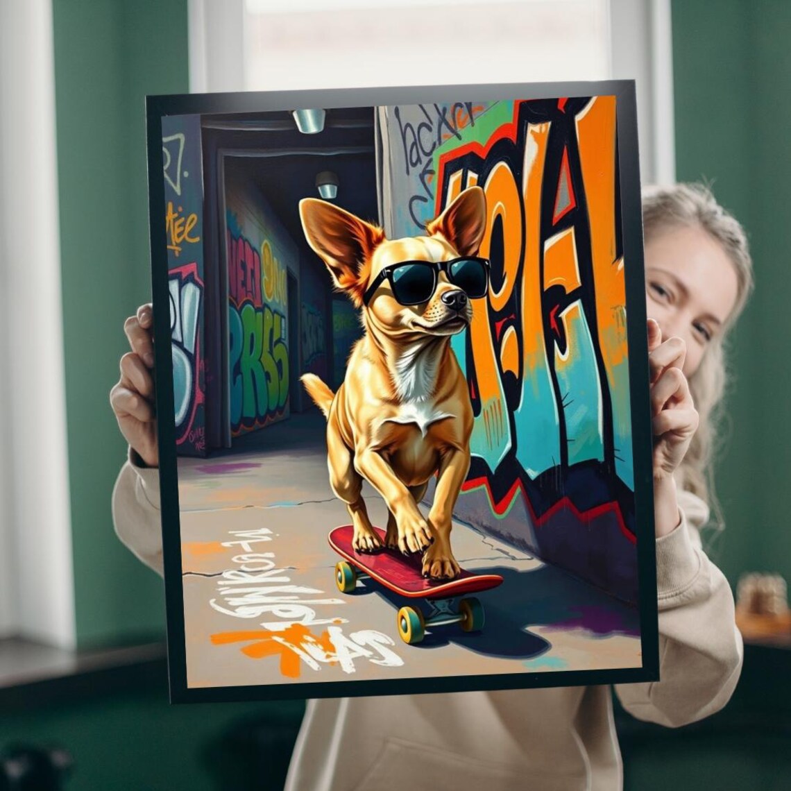 Chihuahua Dog With Sunglasses on Skateboard Graffiti Alley Pop Art Poster