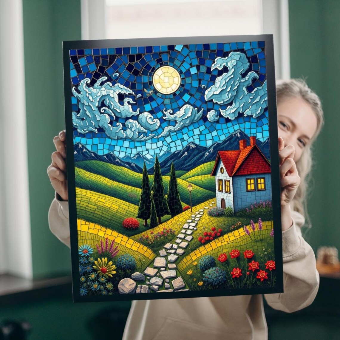 Moonlit Mosaic Night Cottage Mountains Stained Glass Art Poster