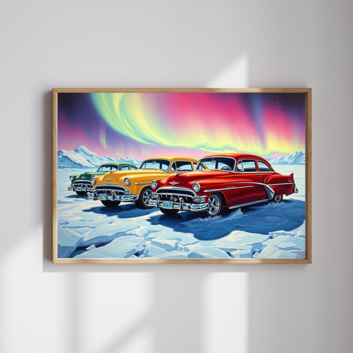 Classic Cars on Ice Aurora Night Arctic Winter Automotive Poster