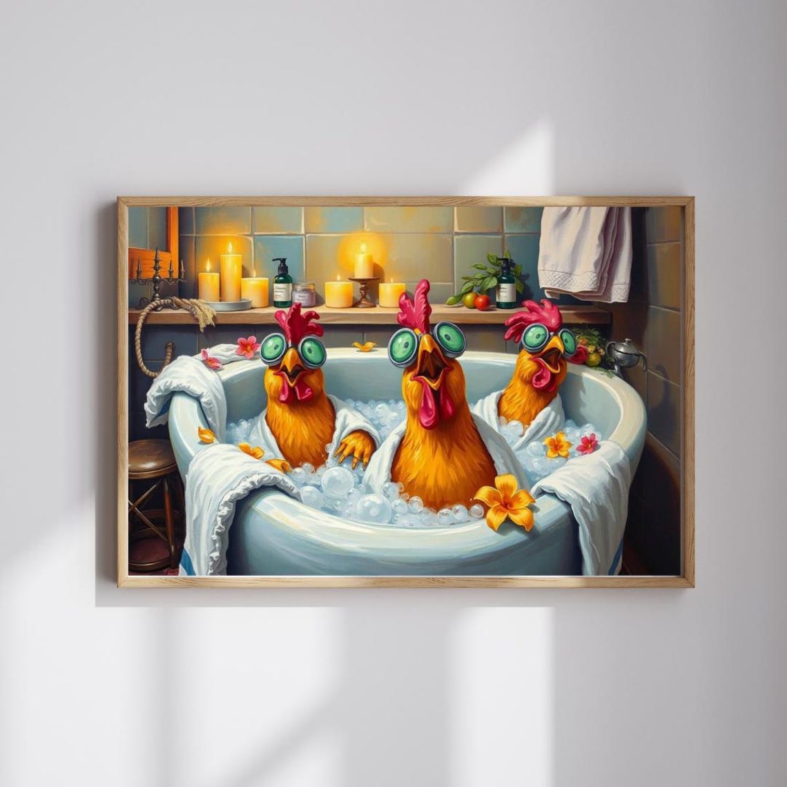 Funny Chickens Spa Day Bubble Bath With Cucumbers Relaxation Poster