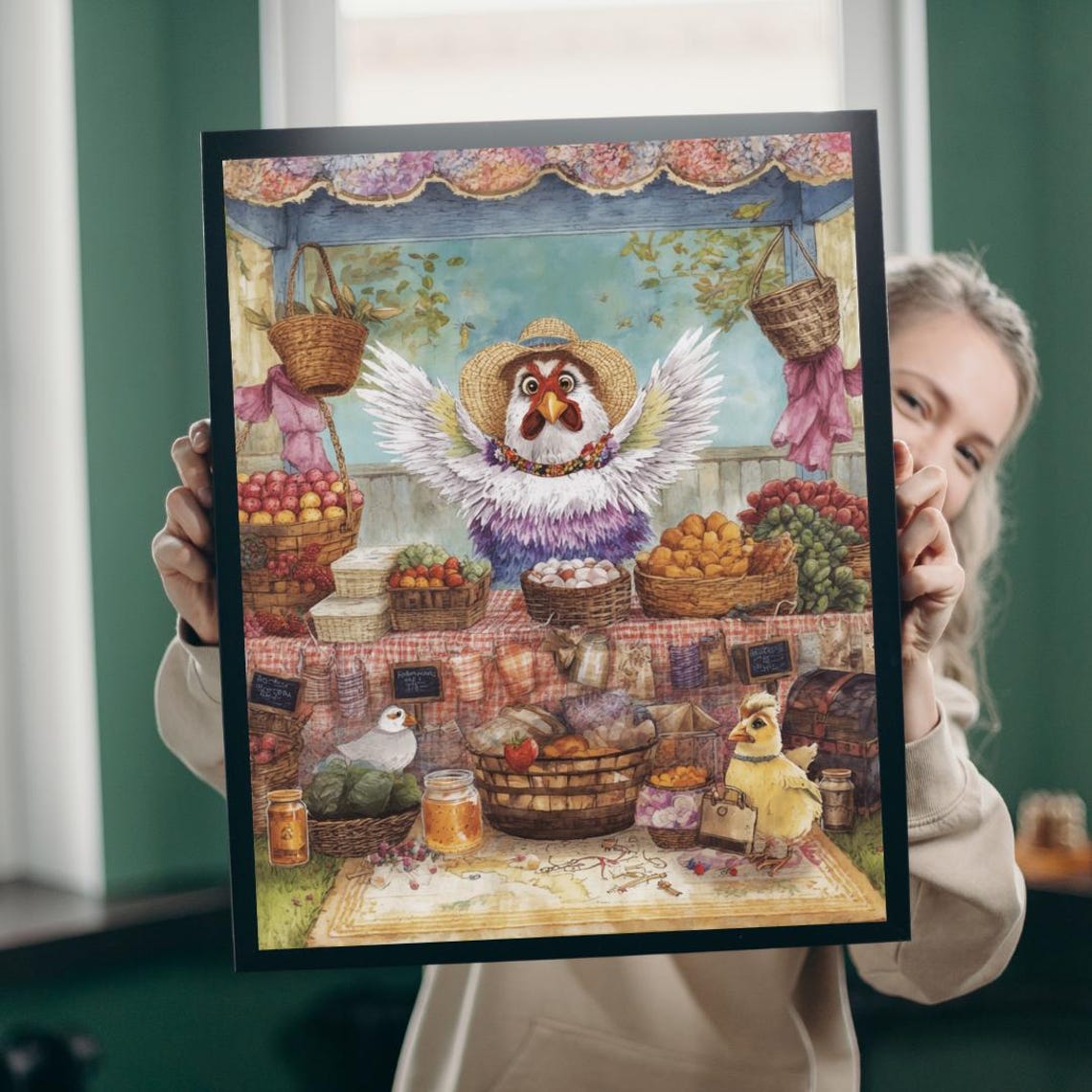 Charming Chicken Market Vendor With Straw Hat Farm Stand Poster