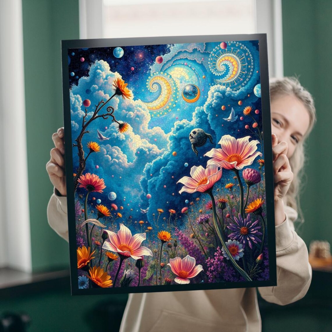 Cosmic Flower Mosaic Celestial Garden Starry Night Art Print