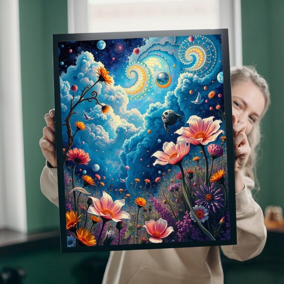 Cosmic Flower Mosaic Celestial Garden Starry Night Art Print